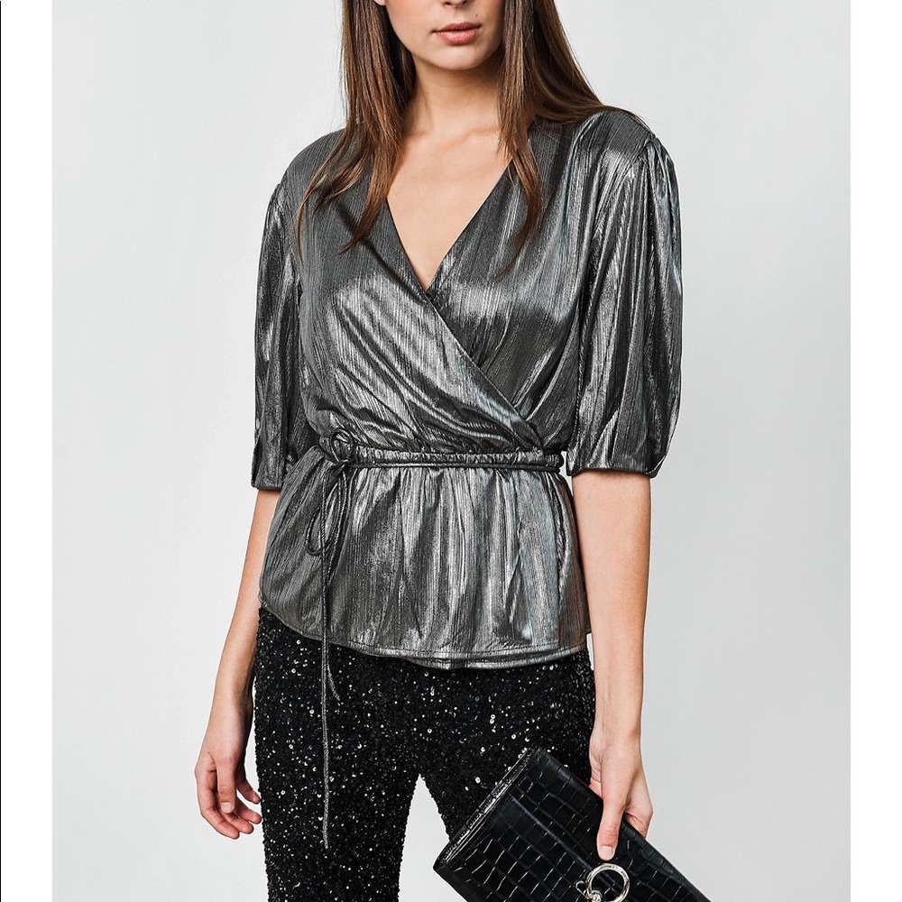 Rebecca Minkoff Metallic Gray Wrap Blouse